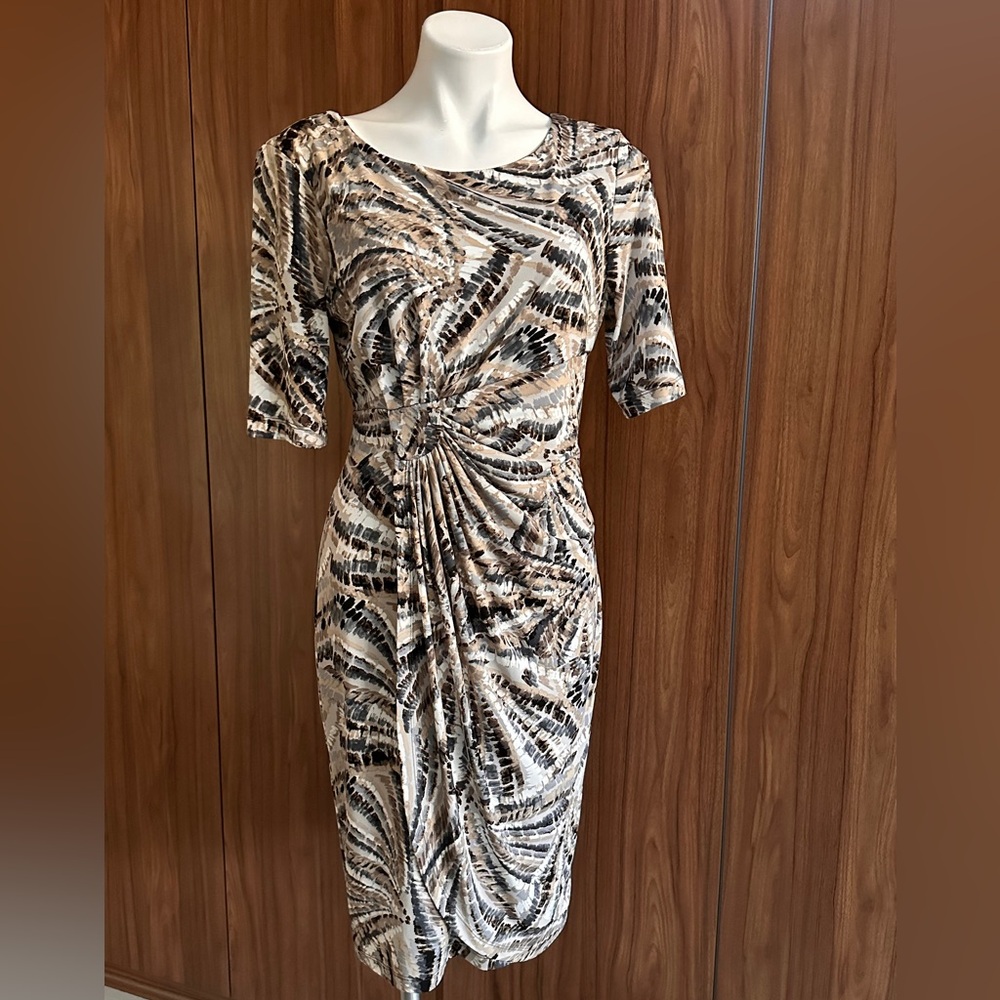 Connected Apparel Black and Tan Patterned Dress Size 10